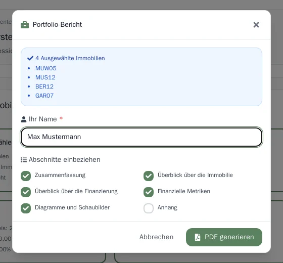 Fenster Portfolio-Bericht mit Name und Abschnitten