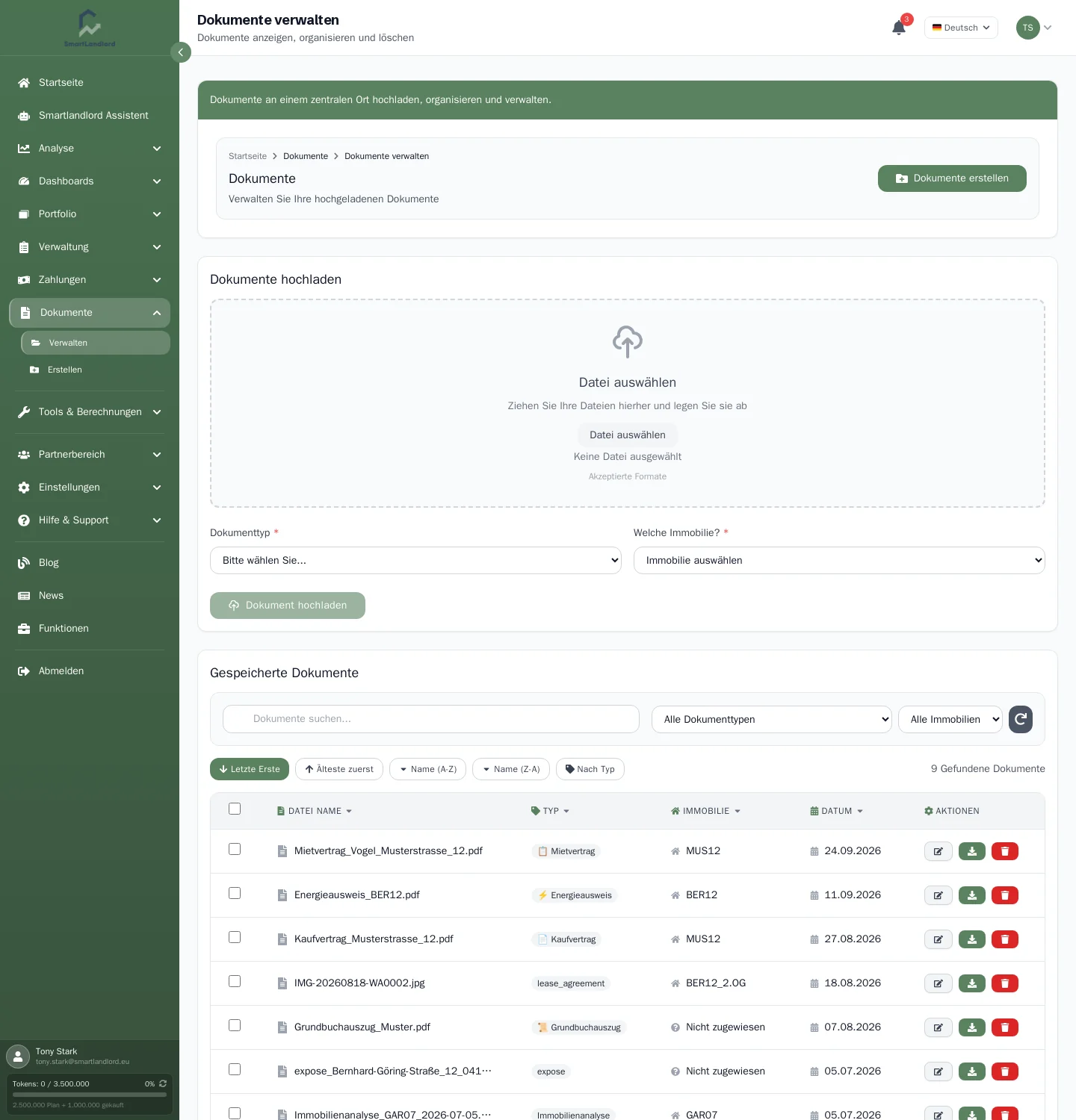 Dokumente verwalten: Upload-Bereich und Liste der gespeicherten Dokumente