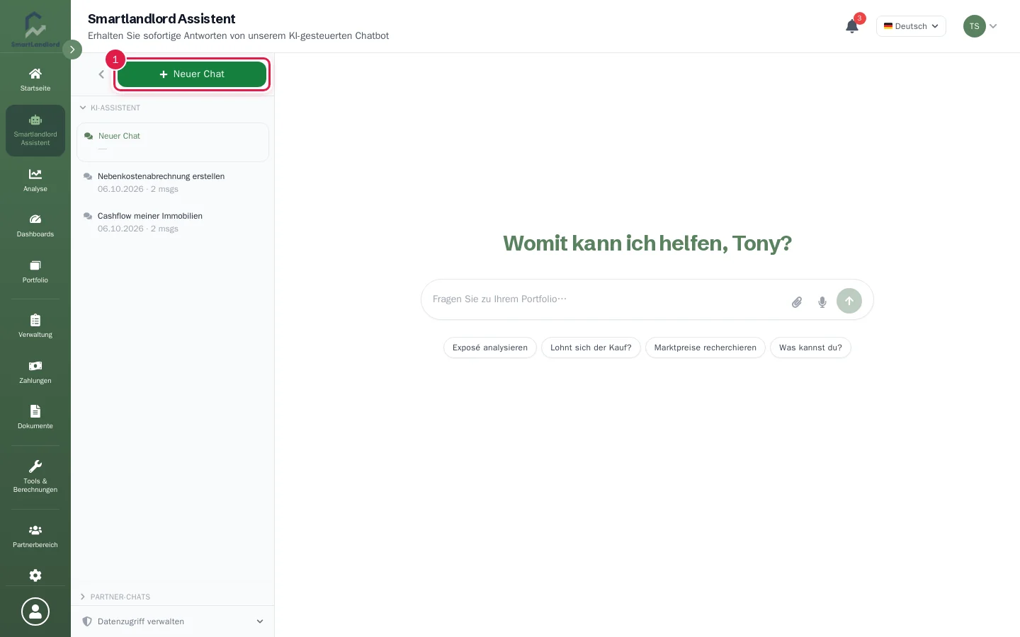 Neuer Chat mit Eingabefeld, Vorschlägen und Chat-Verlauf links