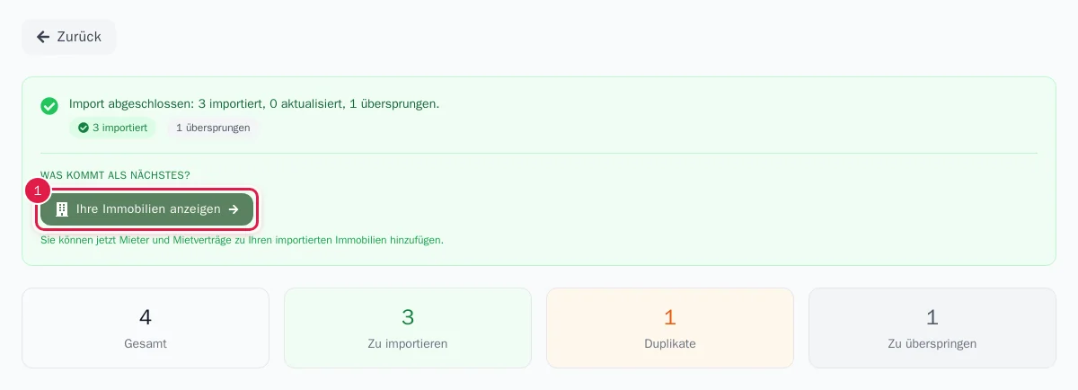Meldung nach dem Import mit Zahlen und Weiter-Button