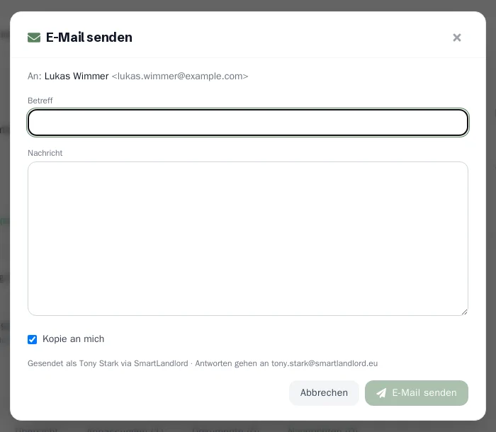 Fenster zum Schreiben einer E-Mail an einen Mieter