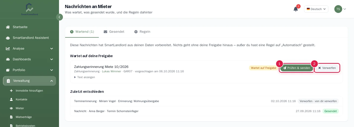 Seite Nachrichten an Mieter mit dem Reiter Wartend