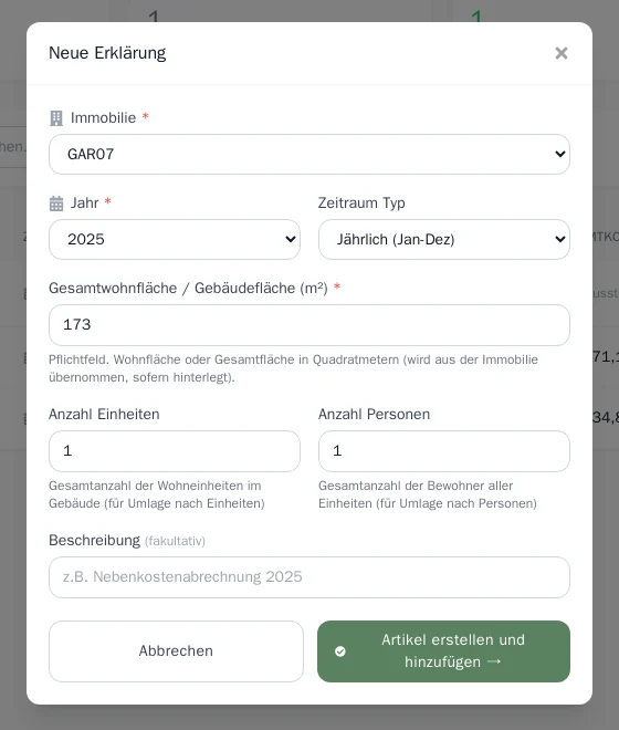 Formular für eine neue Abrechnung