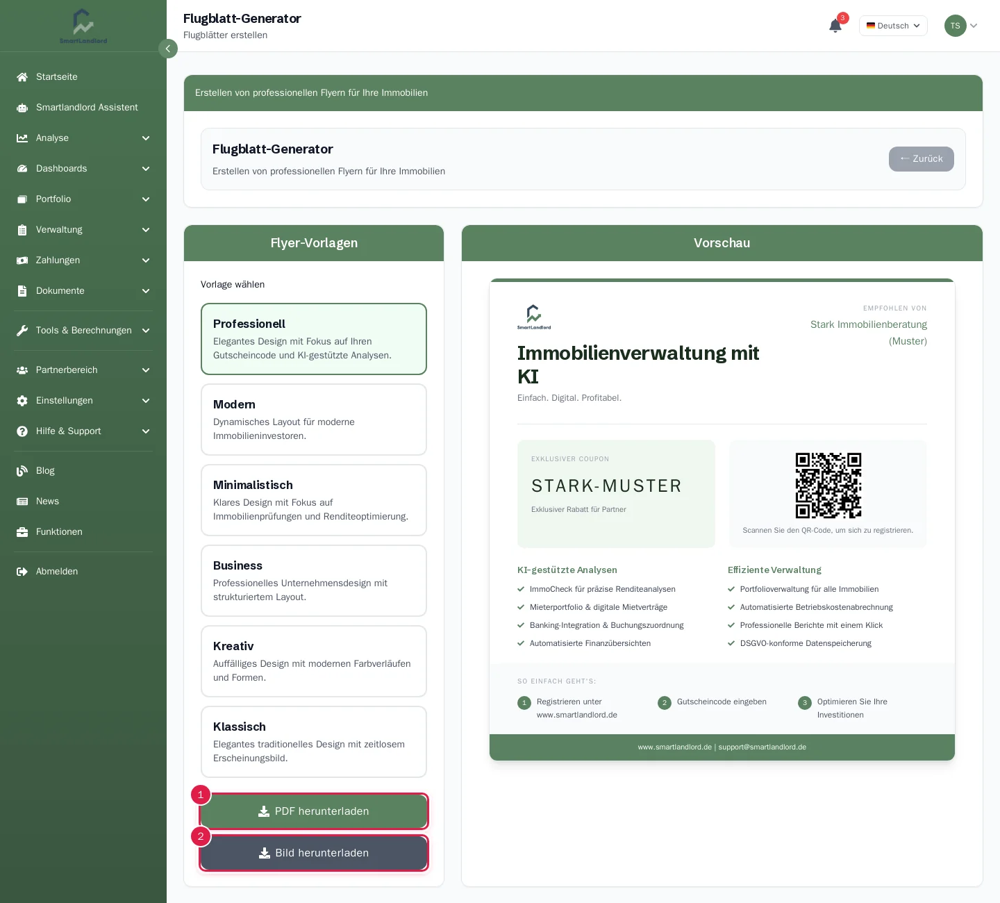Der Flyer-Generator mit Vorlagenliste links und Vorschau rechts