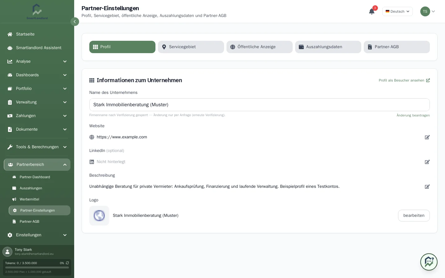 Partner-Einstellungen, Reiter Profil