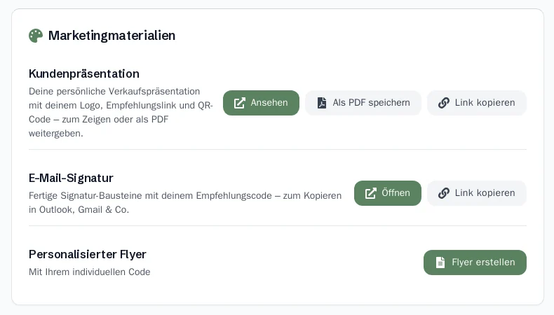 Marketingmaterialien mit Kundenpräsentation, E-Mail-Signatur und Flyer