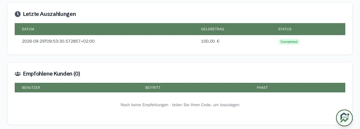 Tabellen der letzten Auszahlungen und der empfohlenen Kunden