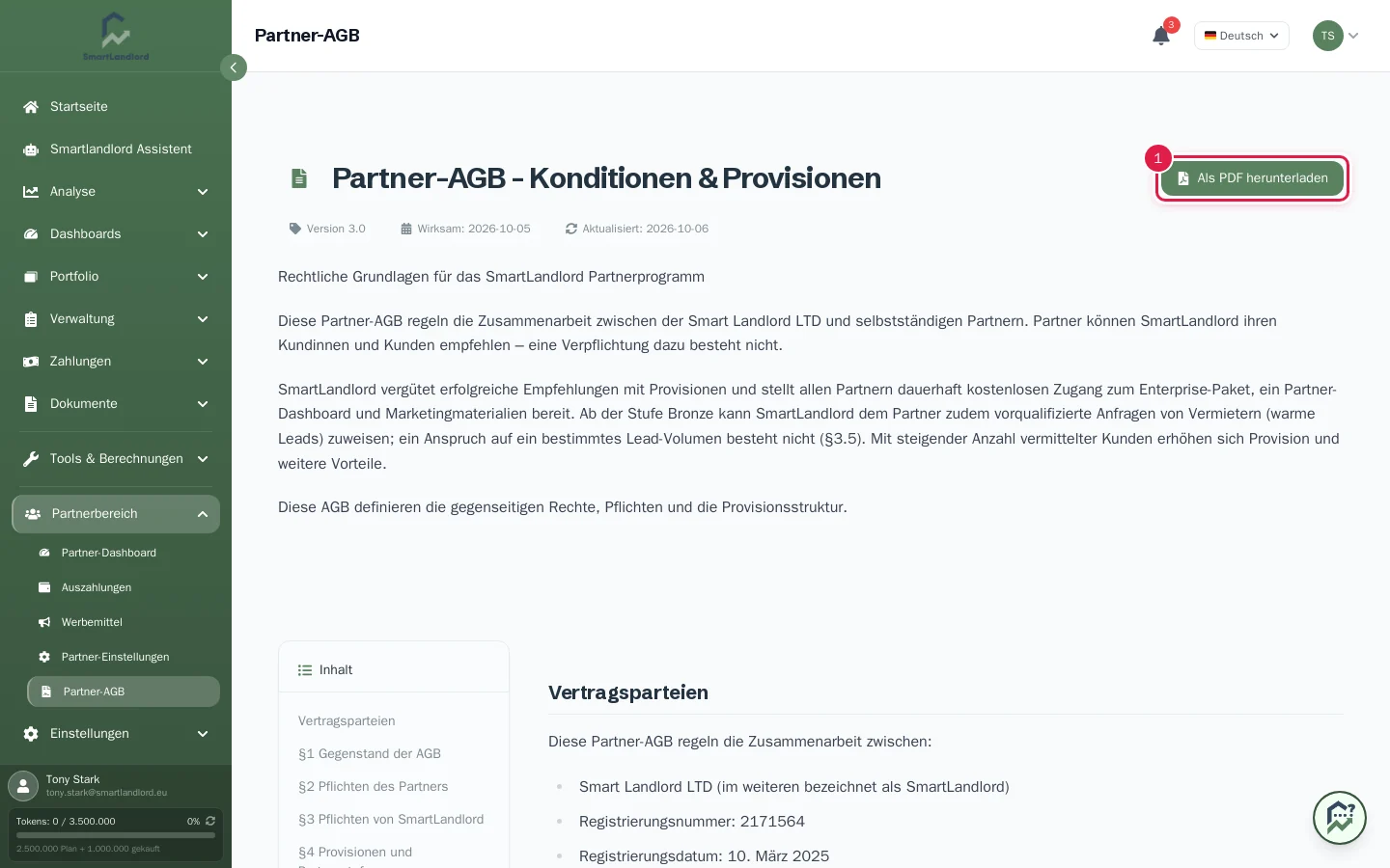 Die Seite Partner-AGB im Partnerbereich mit dem Vertragstext und dem PDF-Knopf