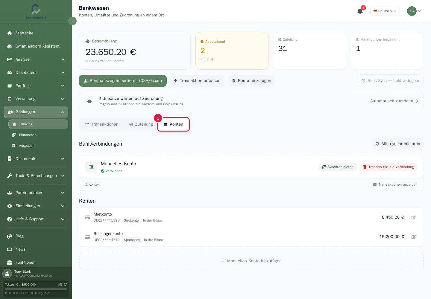 Tab Konten mit Konten und Salden