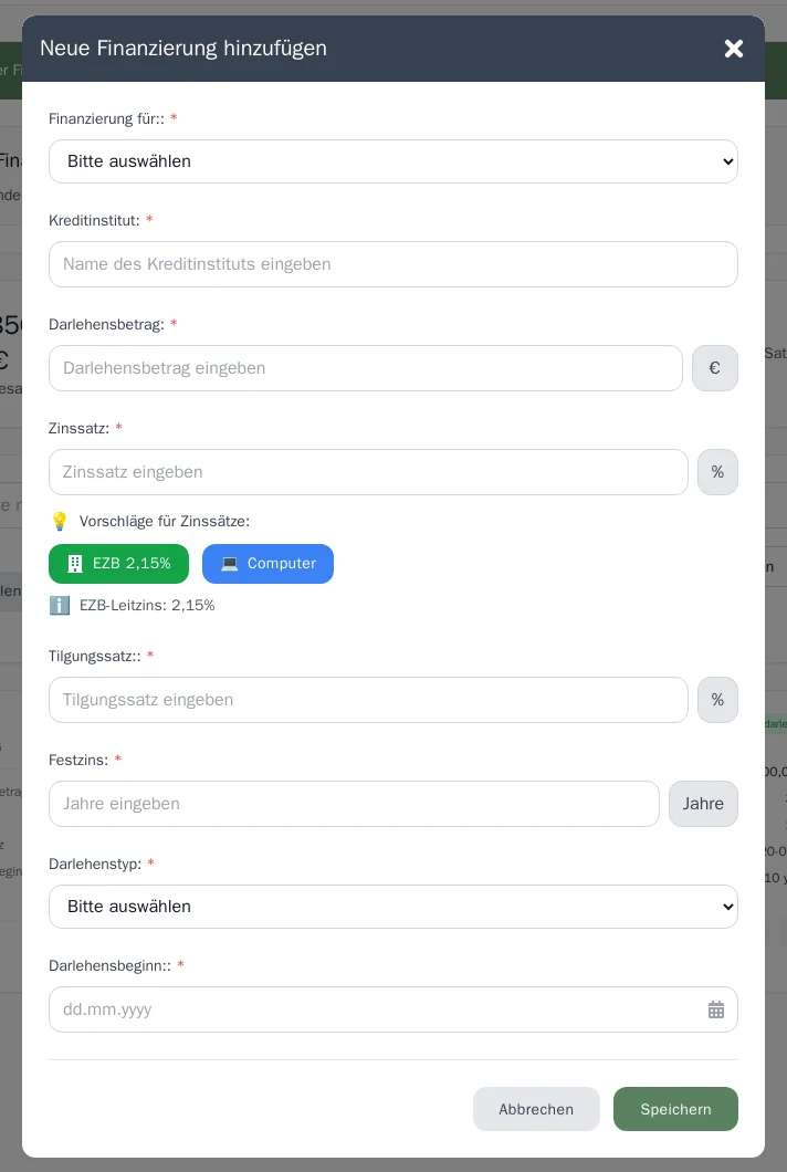 Dialog Neue Finanzierung hinzufügen