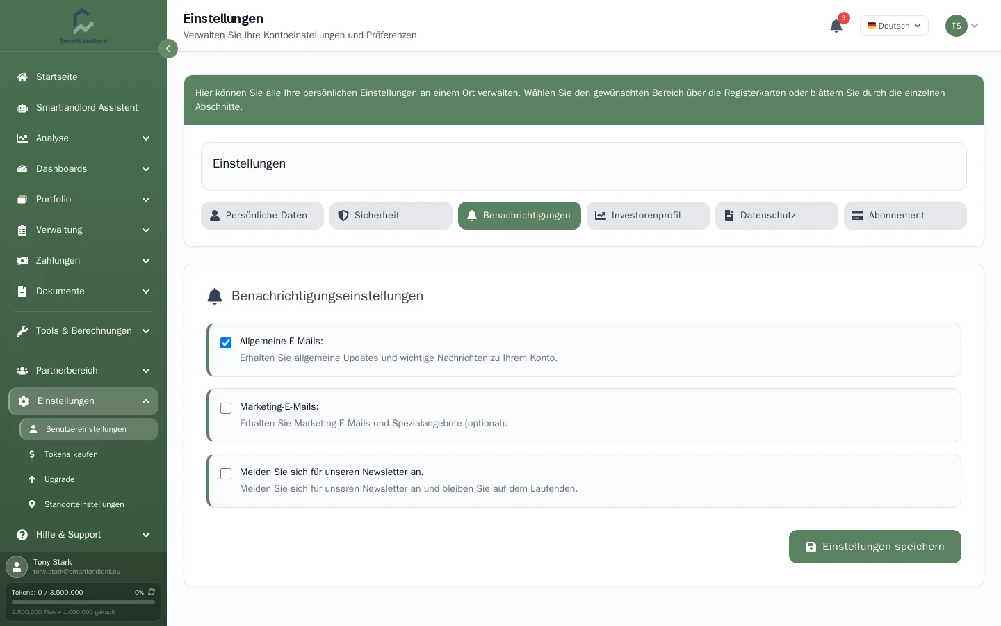 Tab Benachrichtigungen in den Einstellungen