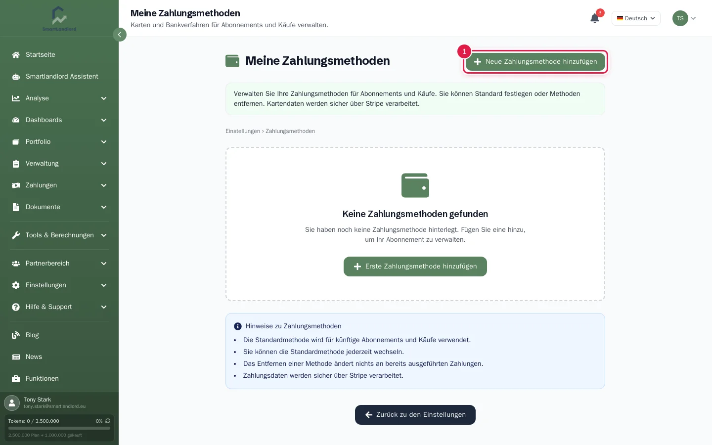 Seite mit den hinterlegten Zahlungsmethoden